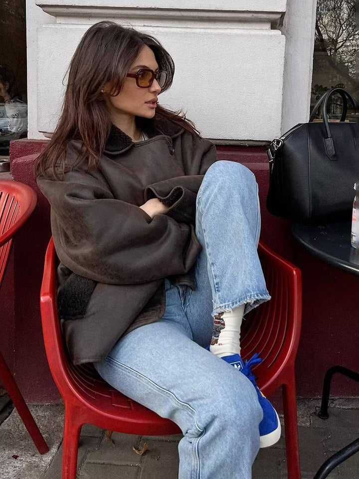 Levoire | Manteau Pilote En Daim Avec Doublure Polaire Boutons Poches Col Fendu Mode De Loisirs Pour Femmes Veste En Daim