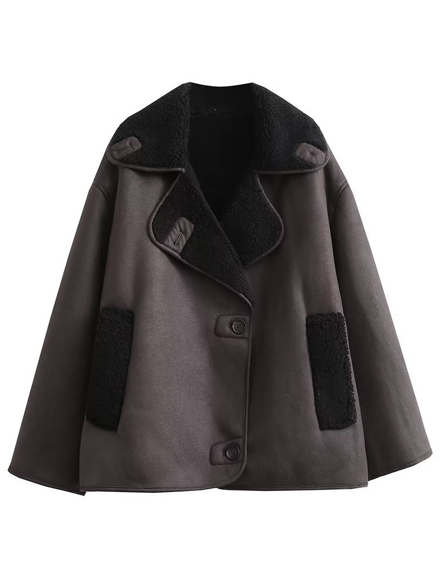 Levoire | Manteau Pilote En Daim Avec Doublure Polaire Boutons Poches Col Fendu Mode De Loisirs Pour Femmes Veste En Daim