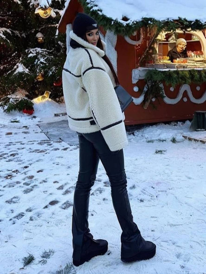 Levoire | Veste Pilote Col À Revers Poches Boucle Épaisse Manches Longues Femmes Décontractée Surdimensionnée Manteau D'Hiver