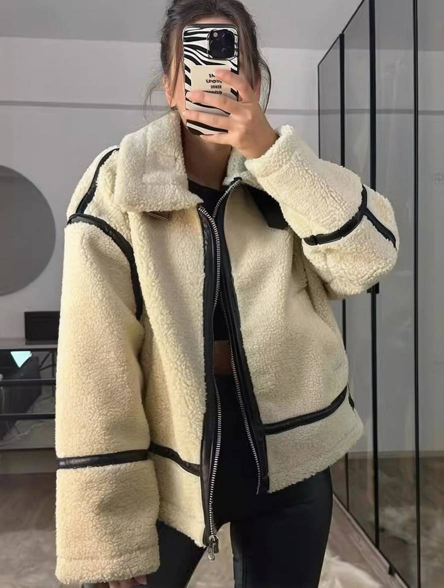 Levoire | Veste Pilote Col À Revers Poches Boucle Épaisse Manches Longues Femmes Décontractée Surdimensionnée Manteau D'Hiver Beige