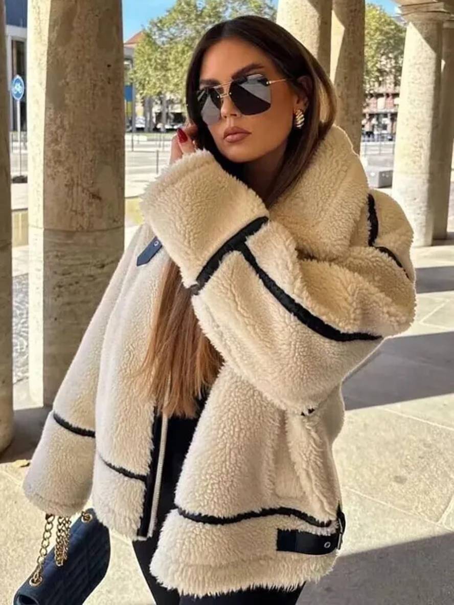 Levoire | Veste Pilote Col À Revers Poches Boucle Épaisse Manches Longues Femmes Décontractée Surdimensionnée Manteau D'Hiver