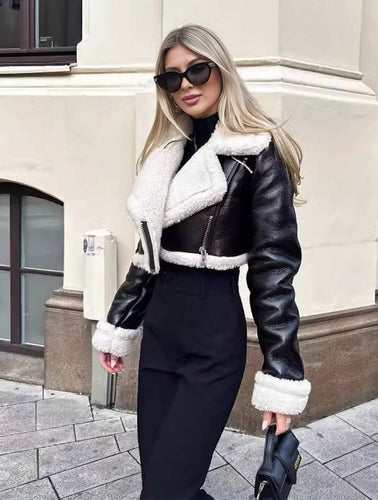 Levoire | Manteau Aviateur Court Cuir Synthétique Col En Fleece Polo Manches Longues Femme Mode Décontractée Veste