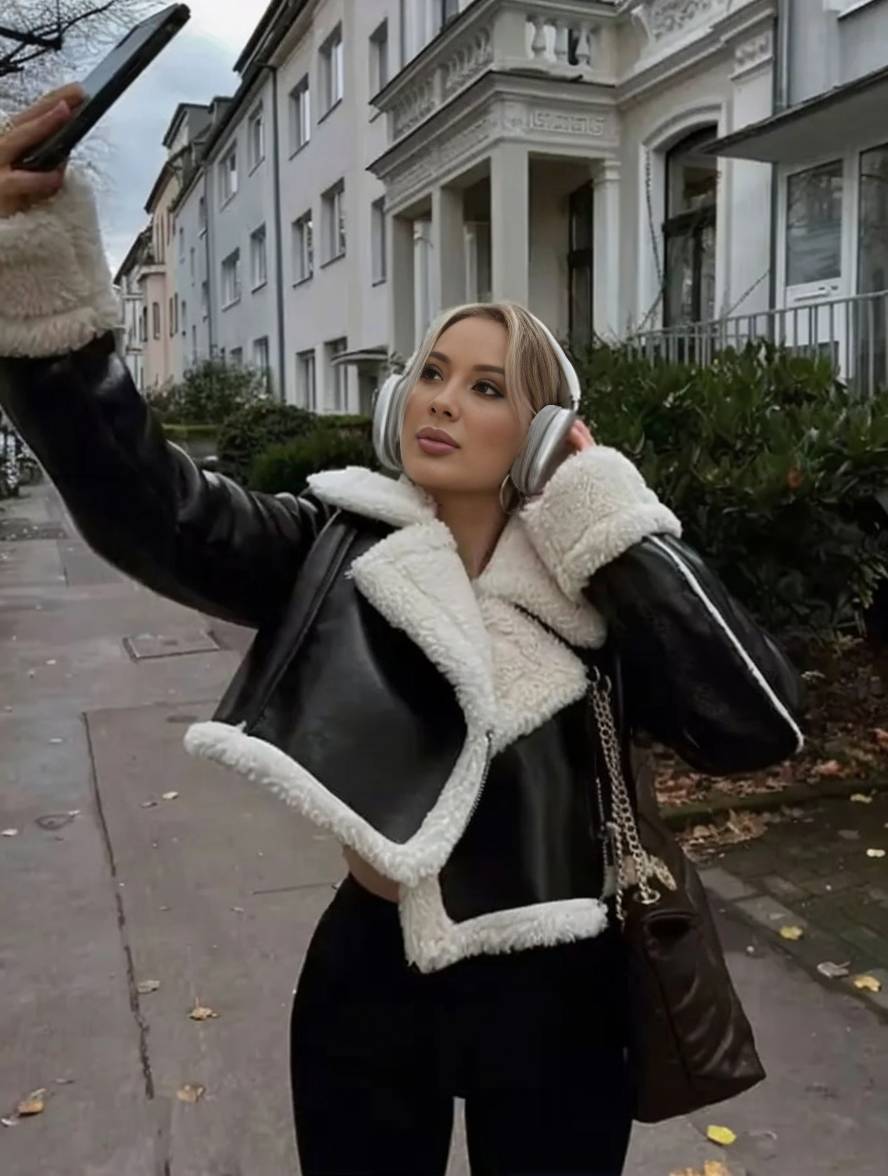 Levoire | Manteau Aviateur Court Cuir Synthétique Col En Fleece Polo Manches Longues Femme Mode Décontractée Veste