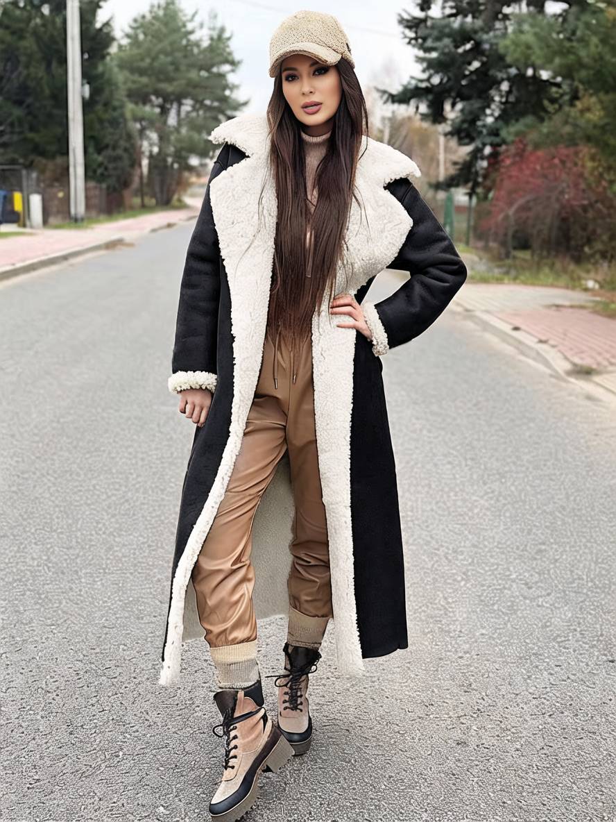 Levoire | Long Aviator Coat Faux Leather Pockets Lapel Collar Long Sleeves Women'S Elegant Casual Oversized Casual Winter Jacket Noir