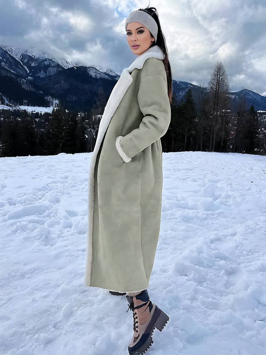 Levoire | Long Aviator Coat Faux Leather Pockets Lapel Collar Long Sleeves Women'S Elegant Casual Oversized Casual Winter Jacket