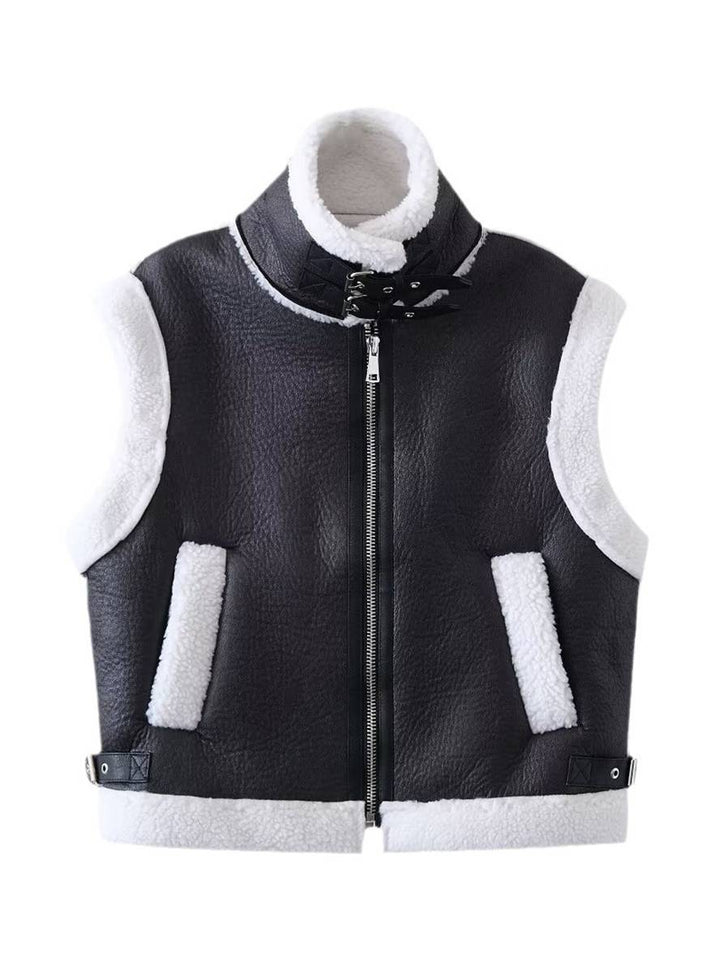 Levoire | Veste Aviateur Sans Manches En Cuir Synthétique Avec Fermeture Éclair Poches Col À Revers Femmes Mode Décontractée Oversized Veste