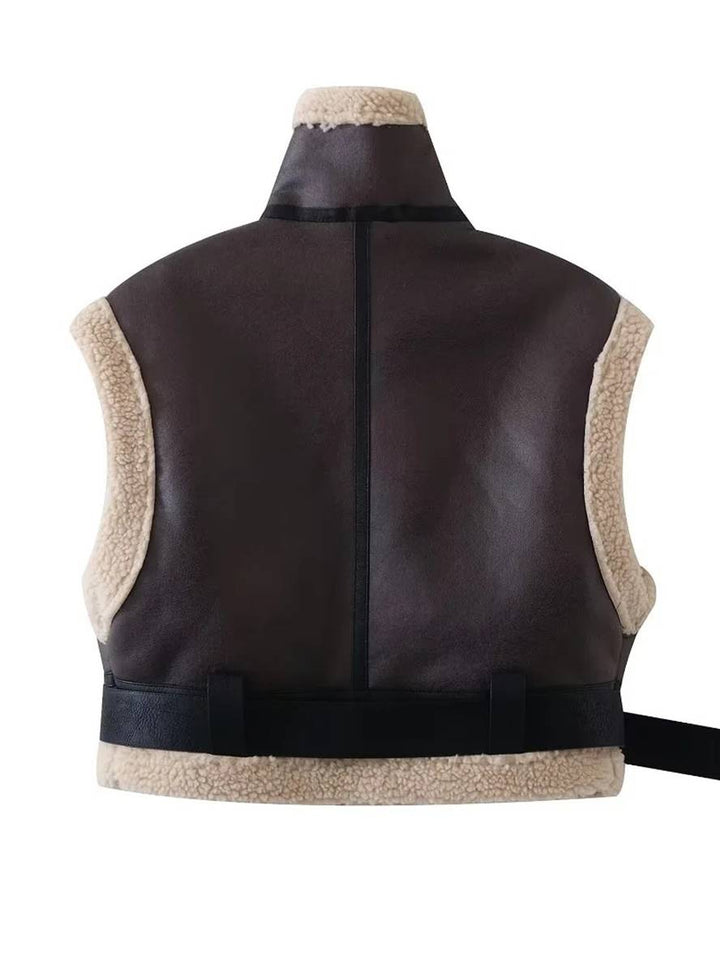 Levoire | Gilet Sans Manches De Pilote Opaque Poches Ceinture Col À Revers Col Montant Femme Décontracté Détente Gilet Hiver Chaud
