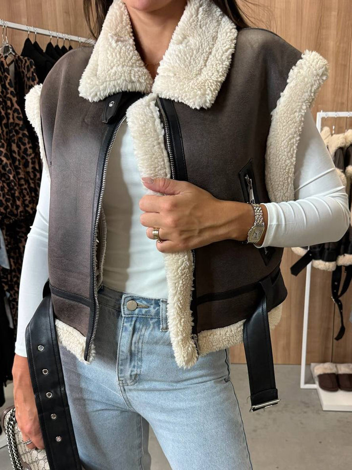 Levoire | Veste Aviateur Courte En Suede-Fleece Sans Manches Avec Fermeture Éclair, Poches, Ceinture Pour Femmes, Gilet Décontracté En Suede Noir