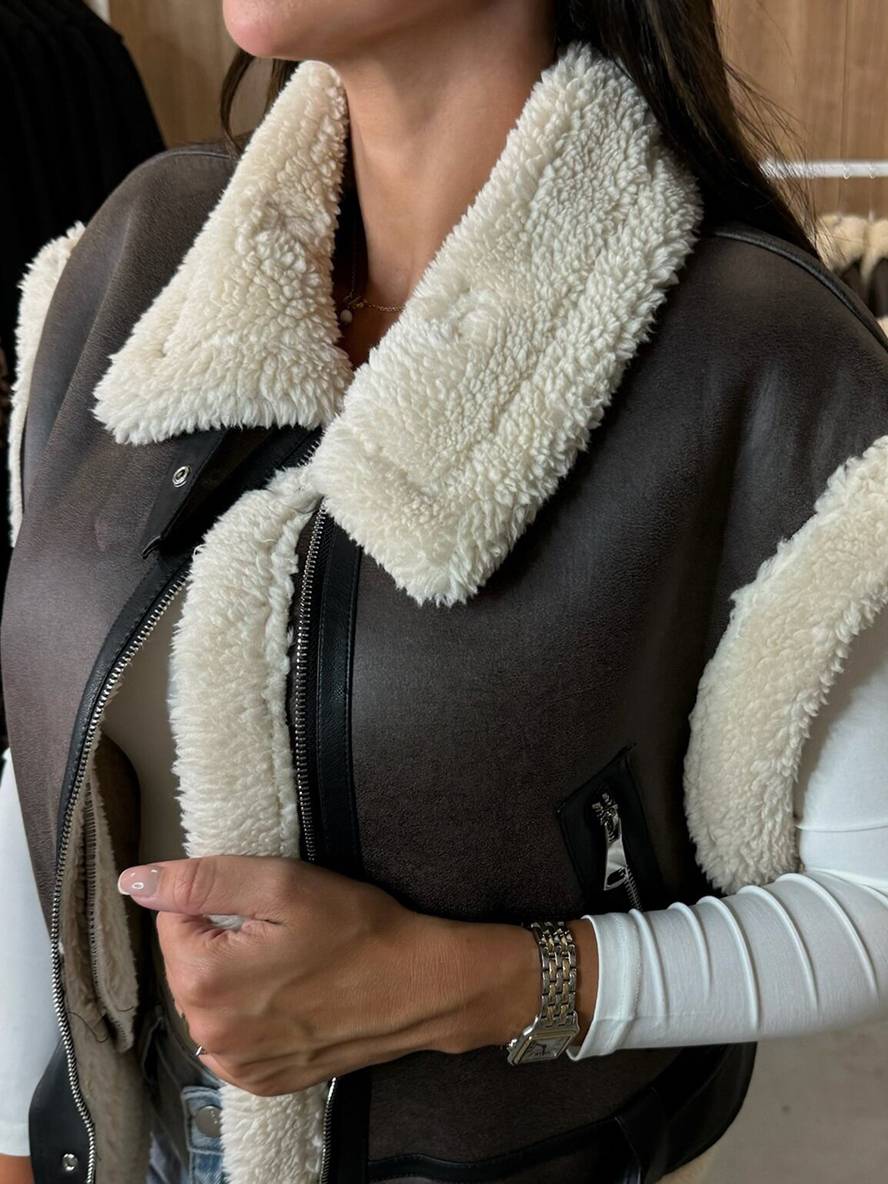 Levoire | Veste Aviateur Courte En Suede-Fleece Sans Manches Avec Fermeture Éclair, Poches, Ceinture Pour Femmes, Gilet Décontracté En Suede