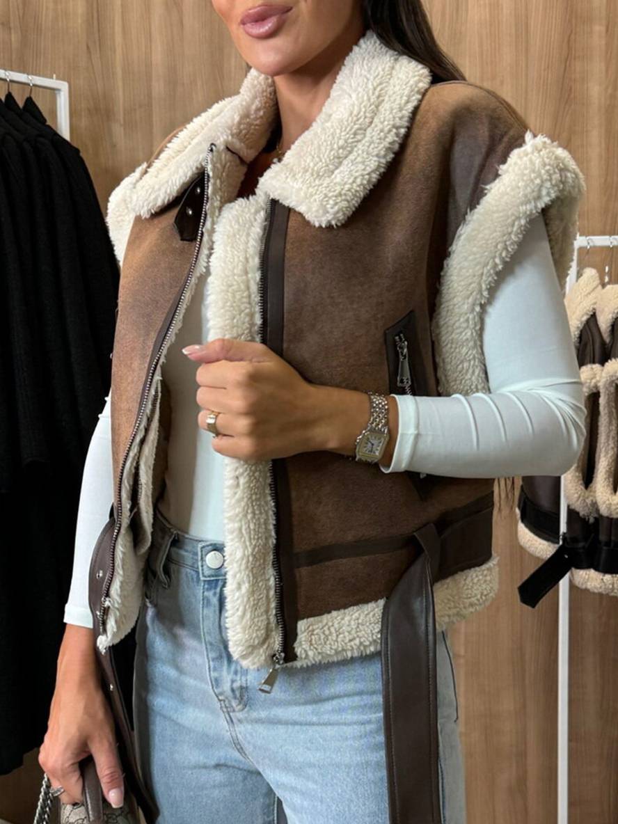Levoire | Veste Aviateur Courte En Suede-Fleece Sans Manches Avec Fermeture Éclair, Poches, Ceinture Pour Femmes, Gilet Décontracté En Suede Braun