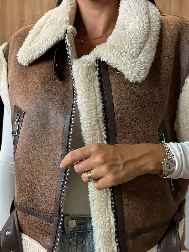 Levoire | Veste Aviateur Courte En Suede-Fleece Sans Manches Avec Fermeture Éclair, Poches, Ceinture Pour Femmes, Gilet Décontracté En Suede