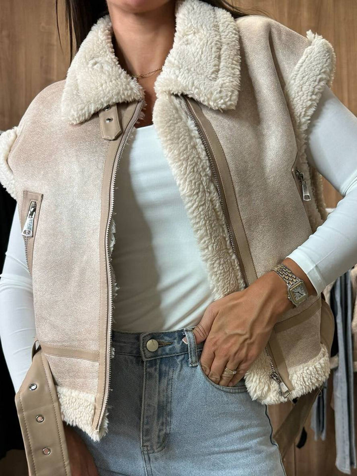 Levoire | Veste Aviateur Courte En Suede-Fleece Sans Manches Avec Fermeture Éclair, Poches, Ceinture Pour Femmes, Gilet Décontracté En Suede Abricot