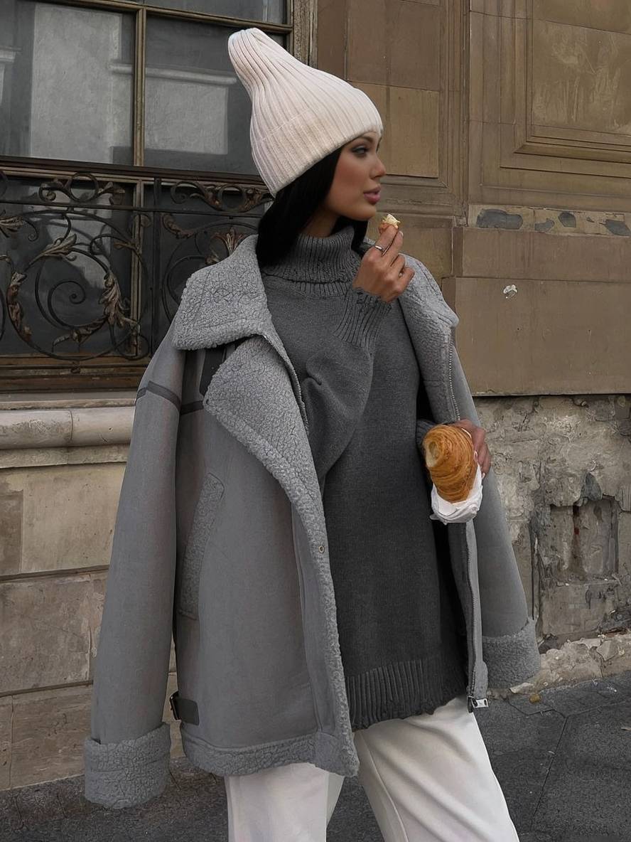 Levoire | Manteau Aviateur En Fleece Revers Fermeture Éclair Poches Boucle Chunky Dames Élégante Décontractée Veste D'Hiver Oversized