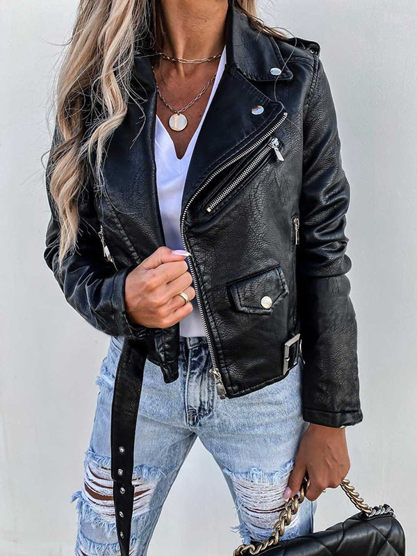 Levoire | Court Perfecto Femme Cuir Synthétique Avec Poches Sac Banane Col À Revers Fermeture Éclair Veste De Motard Style Boyfriend Noir