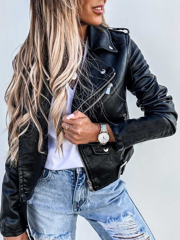 Levoire | Court Perfecto Femme Cuir Synthétique Avec Poches Sac Banane Col À Revers Fermeture Éclair Veste De Motard Style Boyfriend
