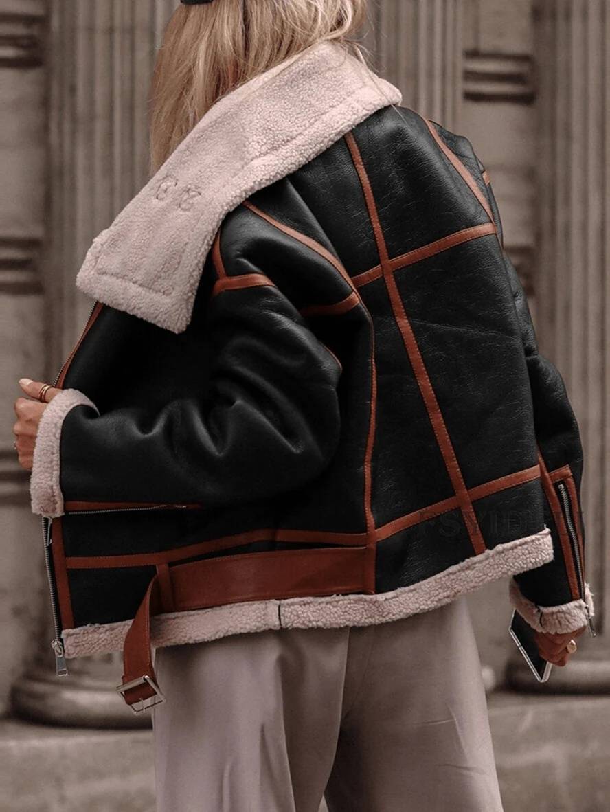 Levoire | Veste Pilote Courte Poche En Polaire Ceinture Boucle Chunky Revers Femmes Oversized Décontractée Hiver Bomber