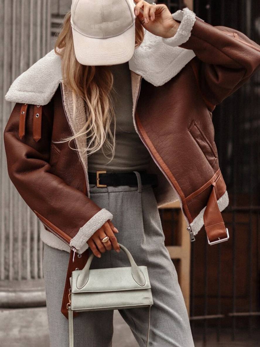 Levoire | Veste Pilote Courte Poche En Polaire Ceinture Boucle Chunky Revers Femmes Oversized Décontractée Hiver Bomber Café