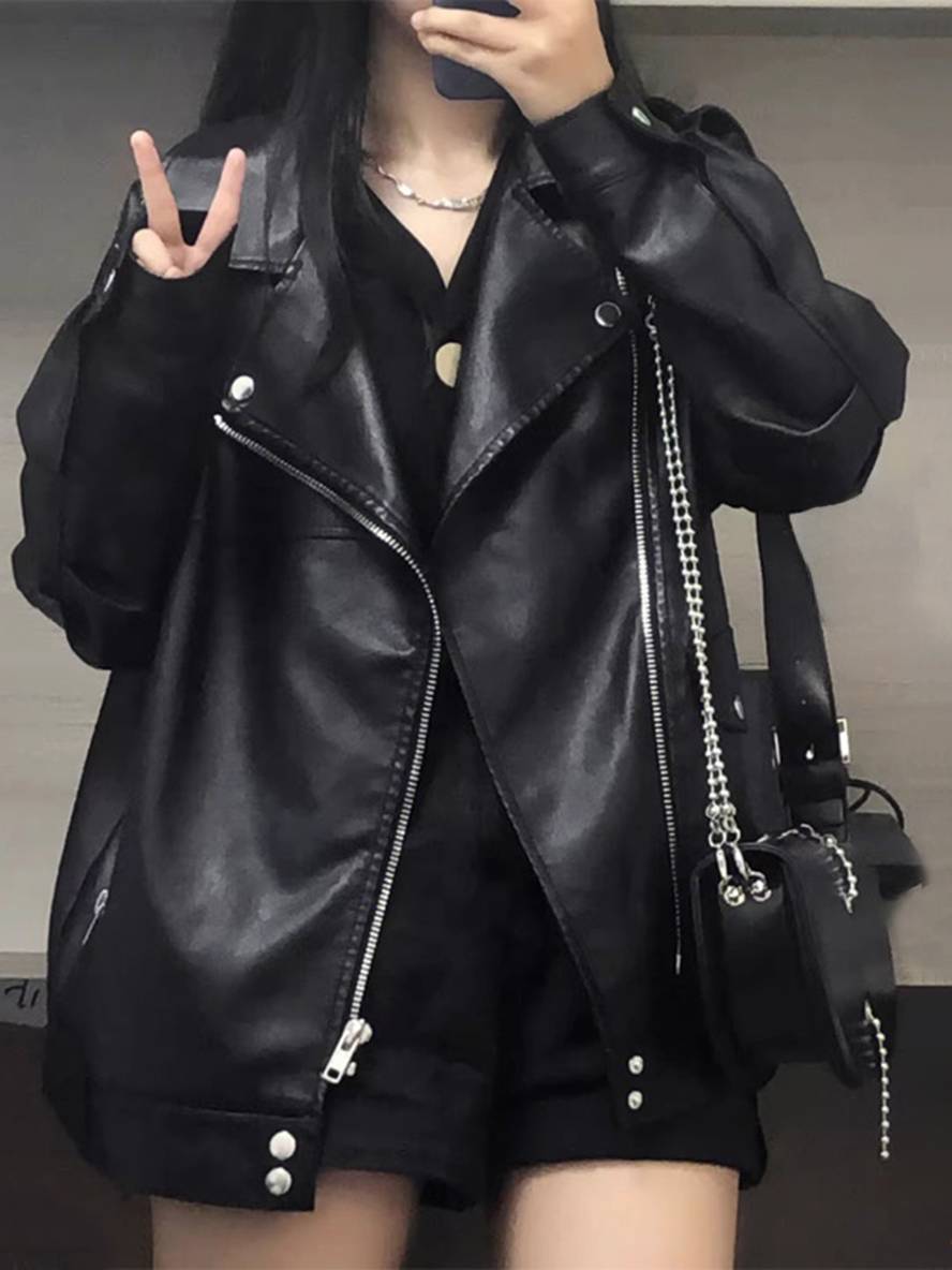 Levoire | Veste En Simili Cuir Avec Poches Zippées Col Revers Femme Élégant Vintage Décontracté Large Manteau Noir