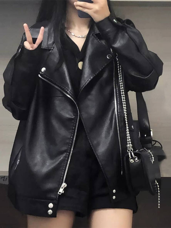 Levoire | Veste En Simili Cuir Avec Poches Zippées Col Revers Femme Élégant Vintage Décontracté Large Manteau Noir