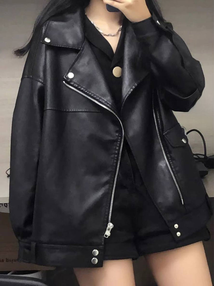 Levoire | Veste En Simili Cuir Avec Poches Zippées Col Revers Femme Élégant Vintage Décontracté Large Manteau