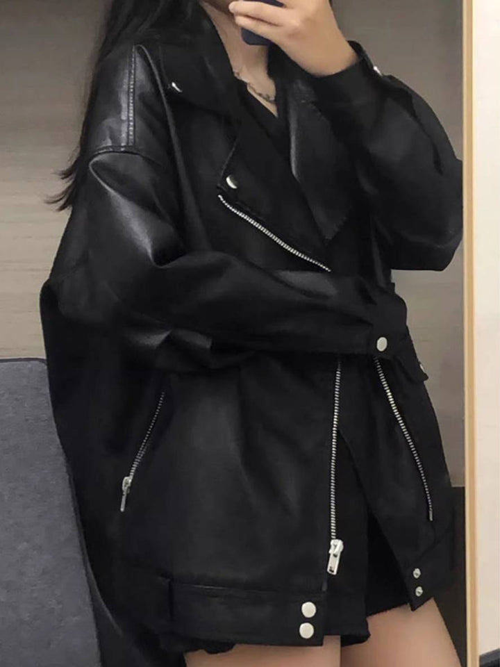 Levoire | Veste En Simili Cuir Avec Poches Zippées Col Revers Femme Élégant Vintage Décontracté Large Manteau