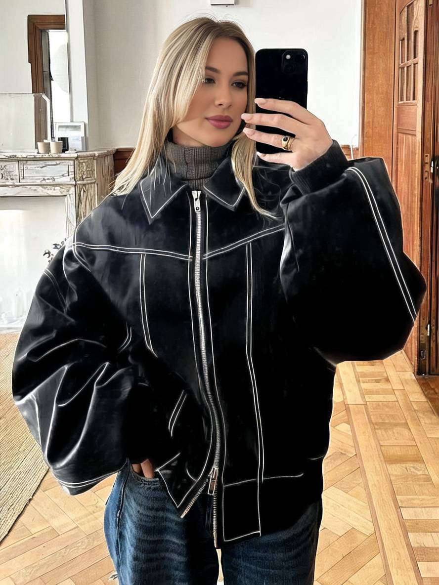 Levoire | Veste De Motard En Simili Cuir Poches Col À Revers Manches Longues Femme Élégant Vintage Décontracté Surdimensionné Noir