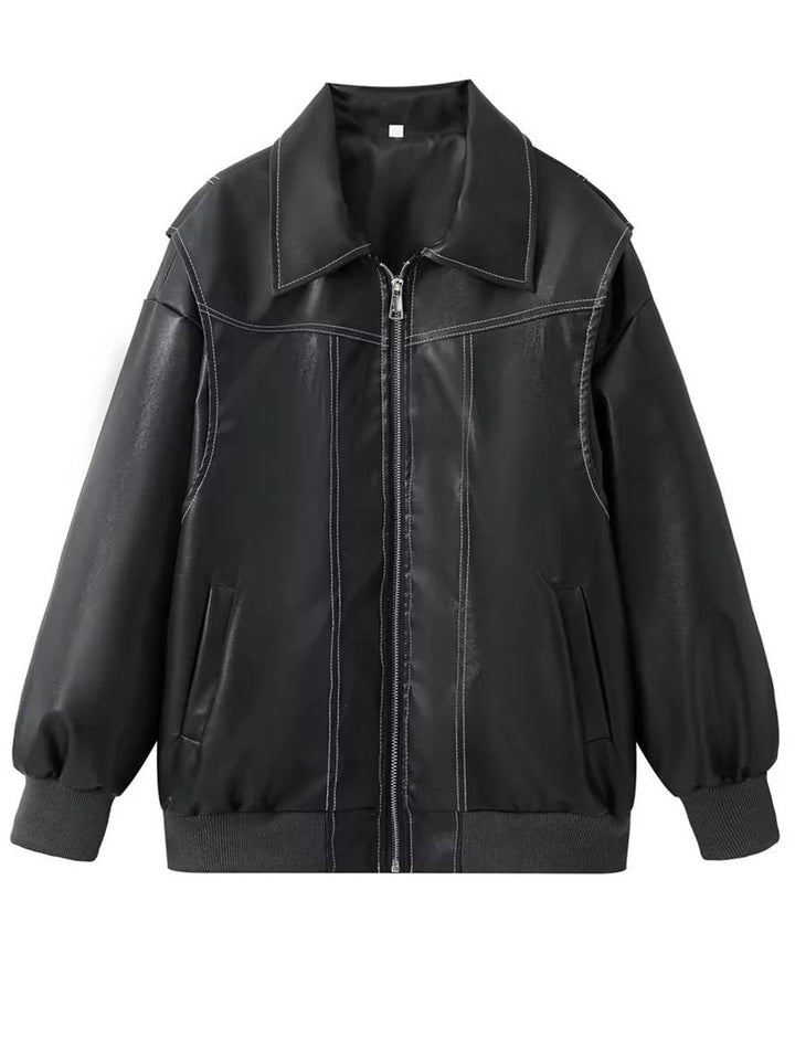 Levoire | Veste De Motard En Simili Cuir Poches Col À Revers Manches Longues Femme Élégant Vintage Décontracté Surdimensionné