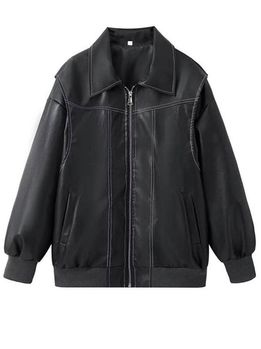 Levoire | Veste De Motard En Simili Cuir Poches Col À Revers Manches Longues Femme Élégant Vintage Décontracté Surdimensionné