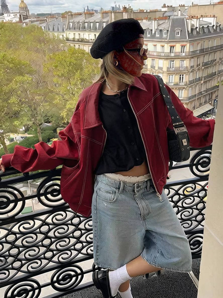 Levoire | Veste De Motard En Simili Cuir Poches Col À Revers Manches Longues Femme Élégant Vintage Décontracté Surdimensionné
