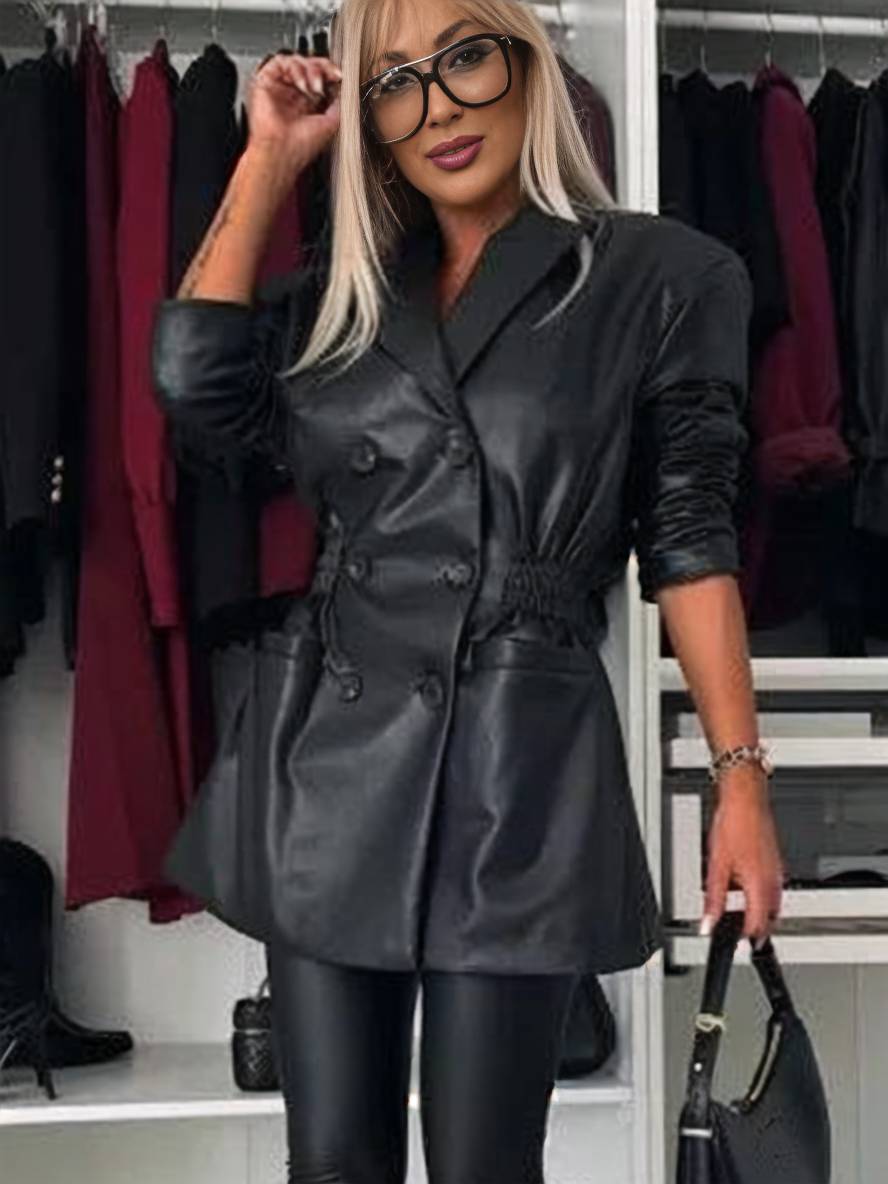 Levoire | Veste En Cuir Artificiel À Double Boutonnage À Manches Longues Mode De Loisirs Élégante Pour Femmes Noir