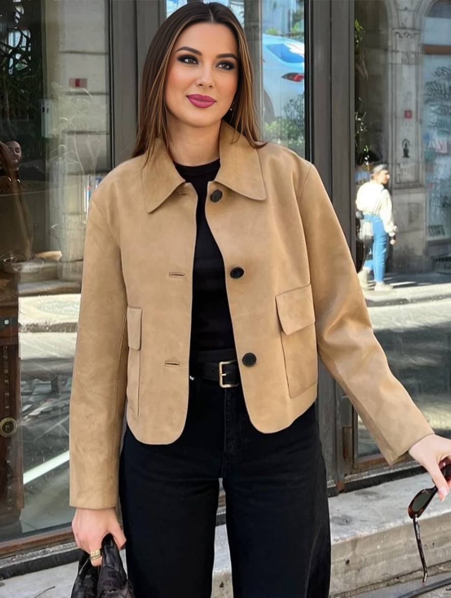 Levoire | Veste En Daim Boutons Poches Manches Longues Femmes Élégante Décontractée Mode Khaki
