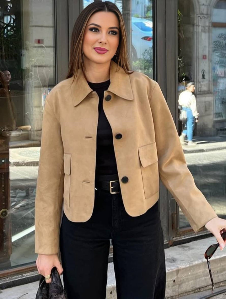 Levoire | Veste En Daim Boutons Poches Manches Longues Femmes Élégante Décontractée Mode Khaki