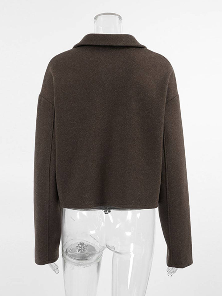Levoire | Veste Courte Unie À Zip Polo À Manches Longues Femme Élégante Décontractée Mode Hiver Manteau