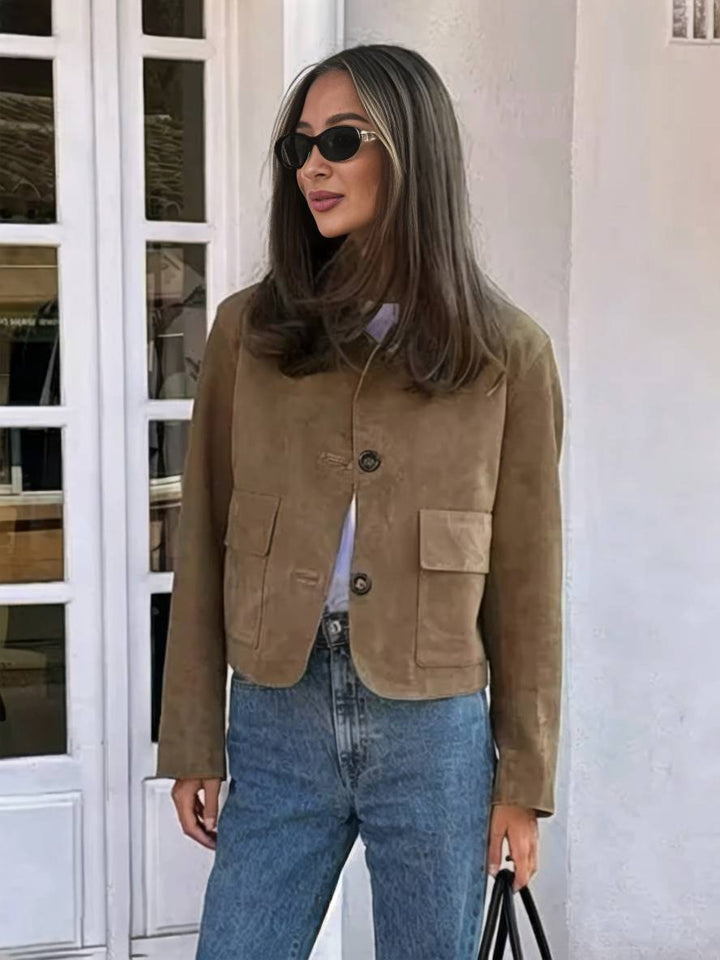 Levoire | Veste En Suede Courte Boutonnée Poches Polo Manches Longues Femme Vintage Décontracté Braun