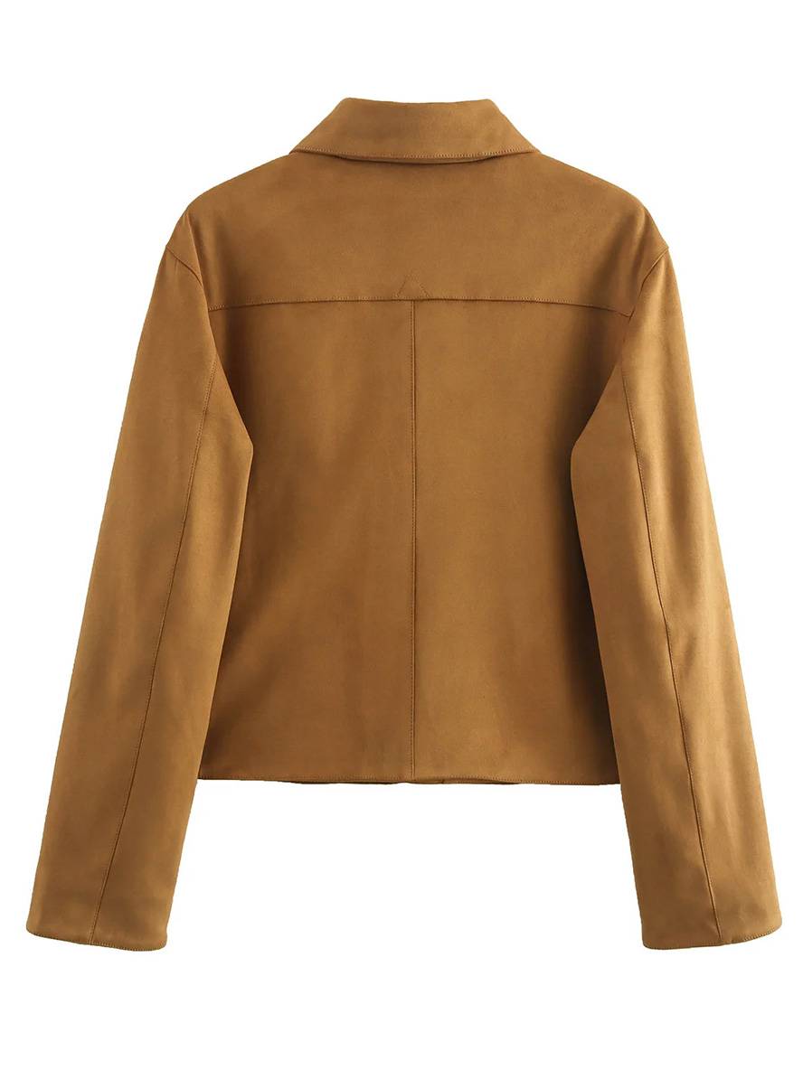 Levoire | Veste En Suede Courte Boutonnée Poches Polo Manches Longues Femme Vintage Décontracté