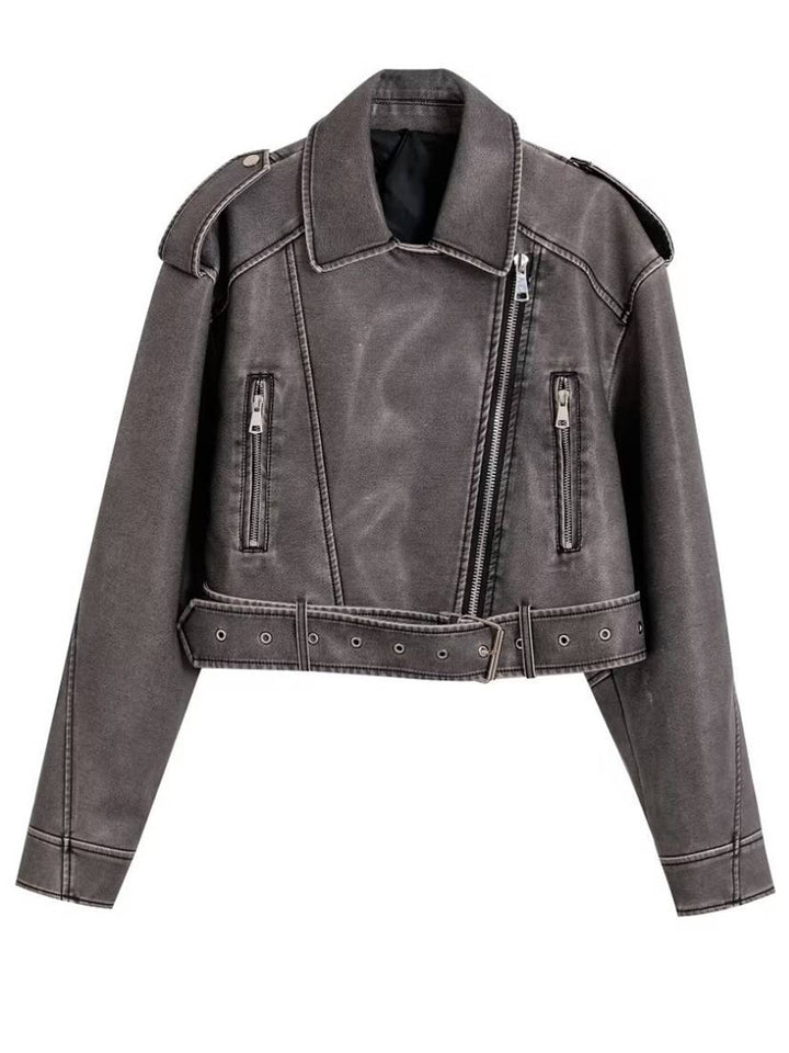 Levoire | Veste Femme Cuir Short Perfecto Zippée Poches Ceinture Boucle Chunky Revers Casual Gris