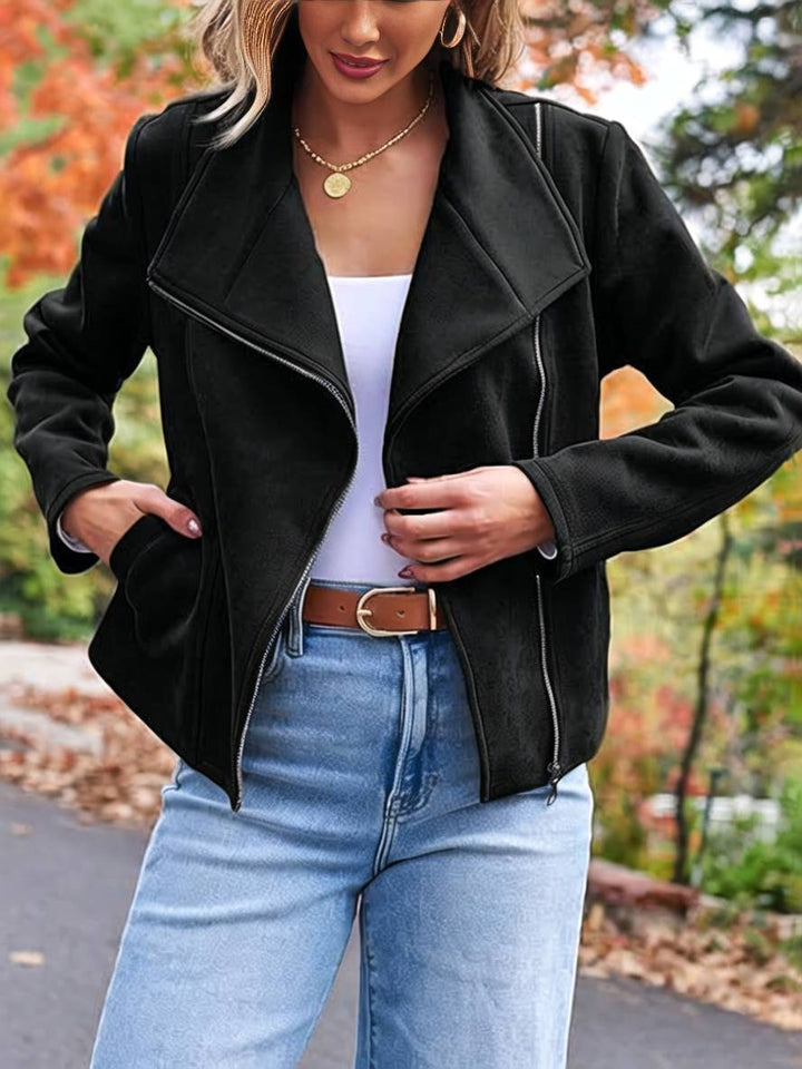 Levoire | Veste En Daim Parfaite En Suedine Avec Poches Zippées Col À Revers Manches Longues Femme Mode Décontractée