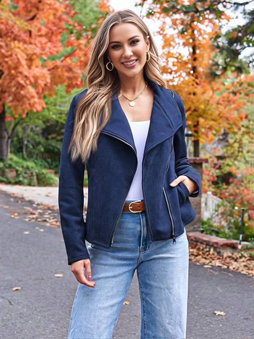 Levoire | Veste En Daim Parfaite En Suedine Avec Poches Zippées Col À Revers Manches Longues Femme Mode Décontractée Bleu