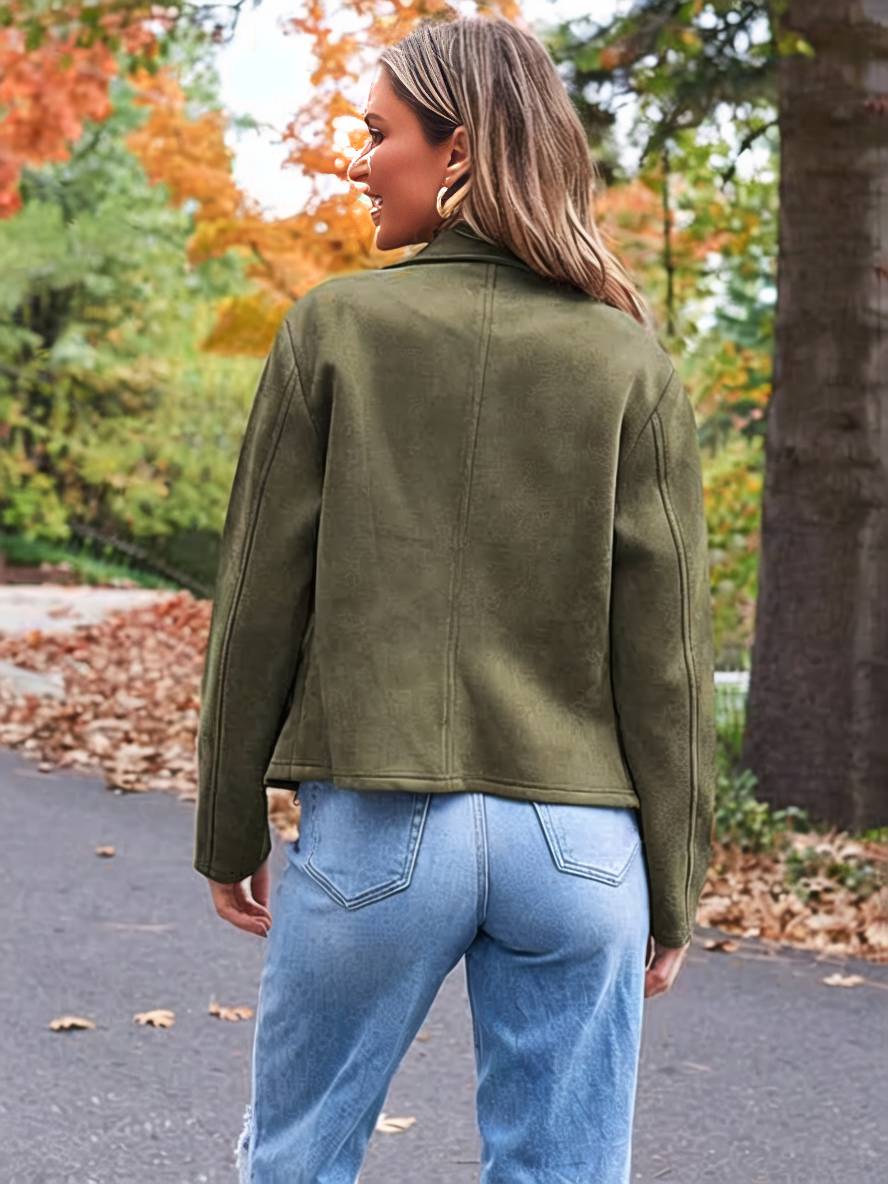 Levoire | Veste En Daim Parfaite En Suedine Avec Poches Zippées Col À Revers Manches Longues Femme Mode Décontractée