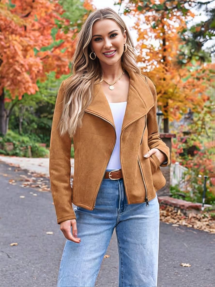 Levoire | Veste En Daim Parfaite En Suedine Avec Poches Zippées Col À Revers Manches Longues Femme Mode Décontractée Braun