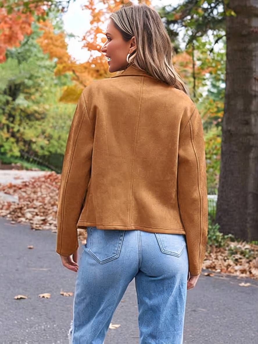 Levoire | Veste En Daim Parfaite En Suedine Avec Poches Zippées Col À Revers Manches Longues Femme Mode Décontractée