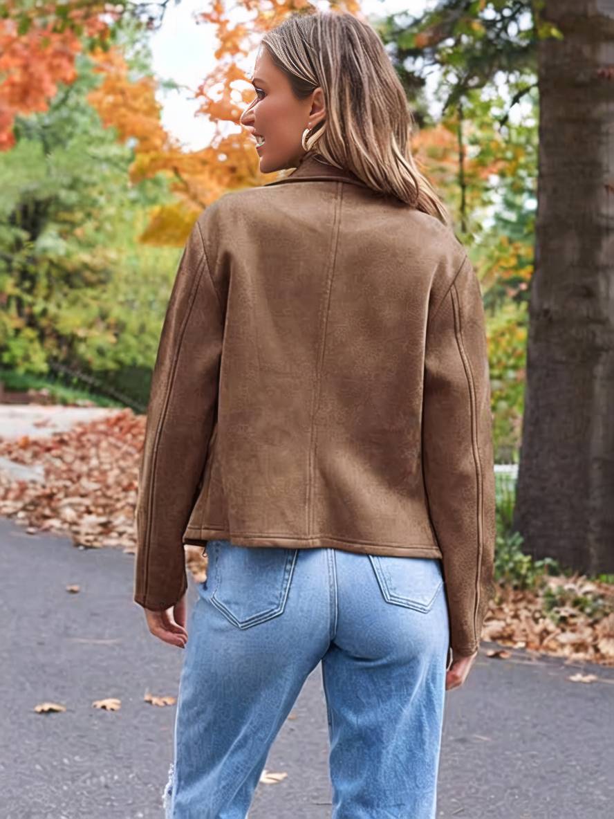 Levoire | Veste En Daim Parfaite En Suedine Avec Poches Zippées Col À Revers Manches Longues Femme Mode Décontractée