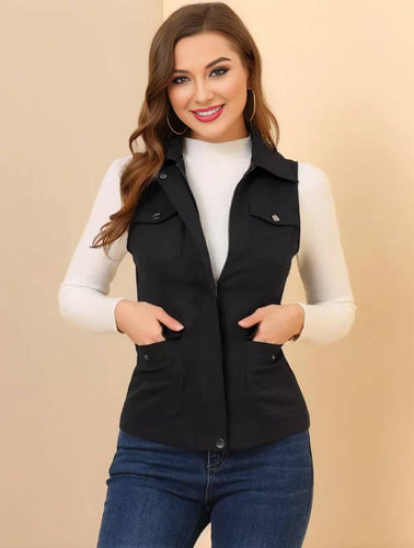 Levoire | Veste Sans Manches Courte Unie Avec Fermeture Éclair, Boutons, Poches Pour Femmes, Mode Décontractée