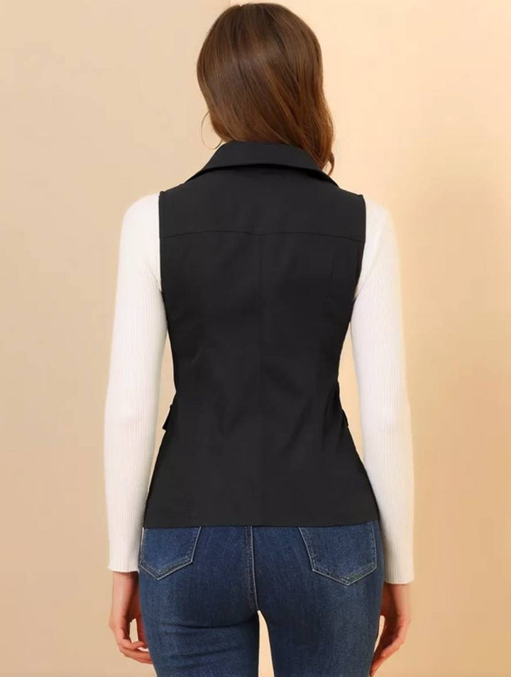 Levoire | Veste Sans Manches Courte Unie Avec Fermeture Éclair, Boutons, Poches Pour Femmes, Mode Décontractée