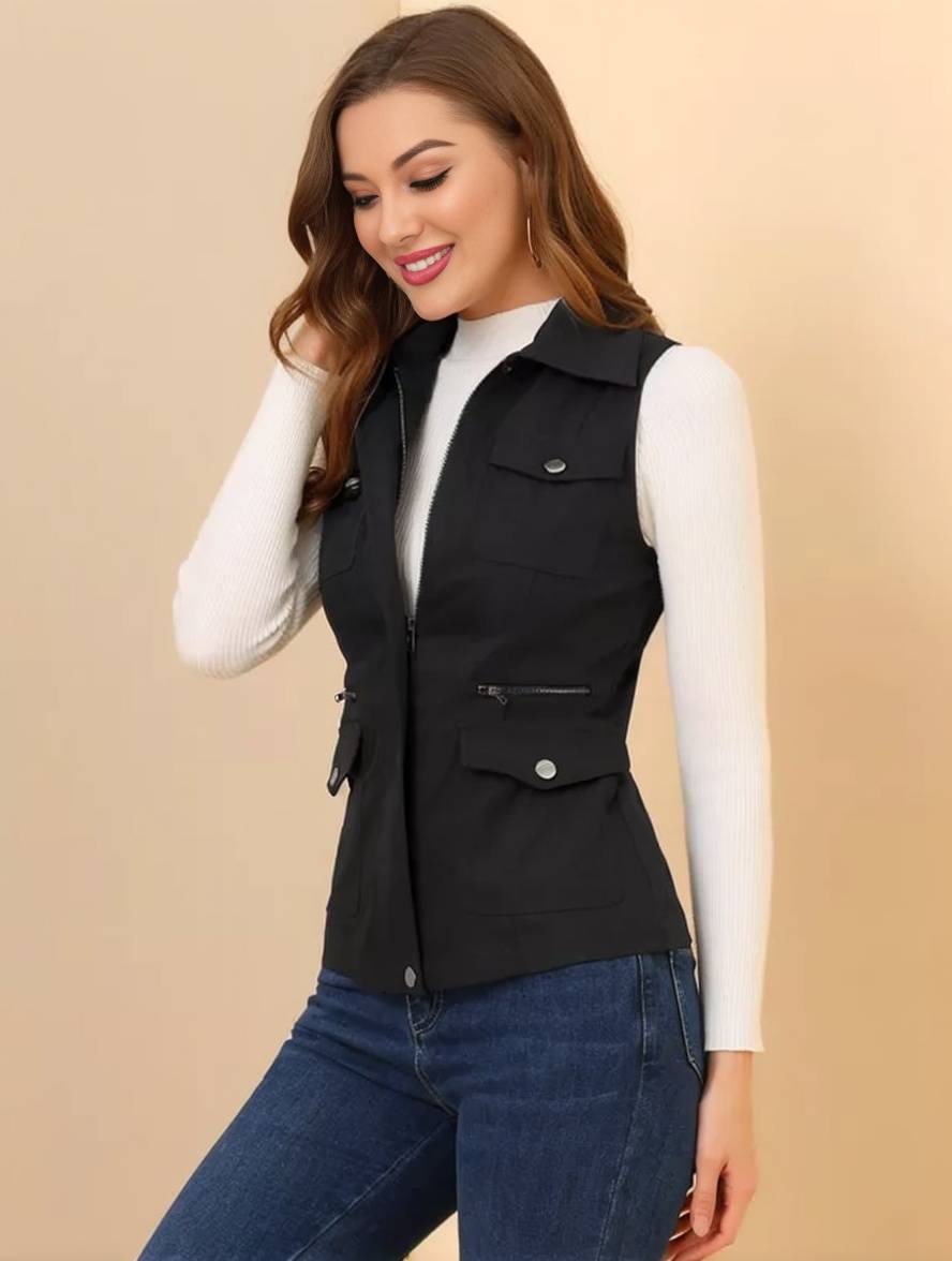 Levoire | Veste Sans Manches Courte Unie Avec Fermeture Éclair, Boutons, Poches Pour Femmes, Mode Décontractée