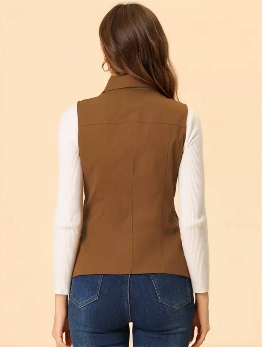 Levoire | Veste Sans Manches Courte Unie Avec Fermeture Éclair, Boutons, Poches Pour Femmes, Mode Décontractée