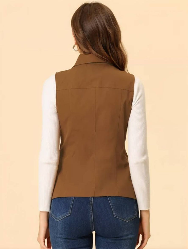 Levoire | Veste Sans Manches Courte Unie Avec Fermeture Éclair, Boutons, Poches Pour Femmes, Mode Décontractée