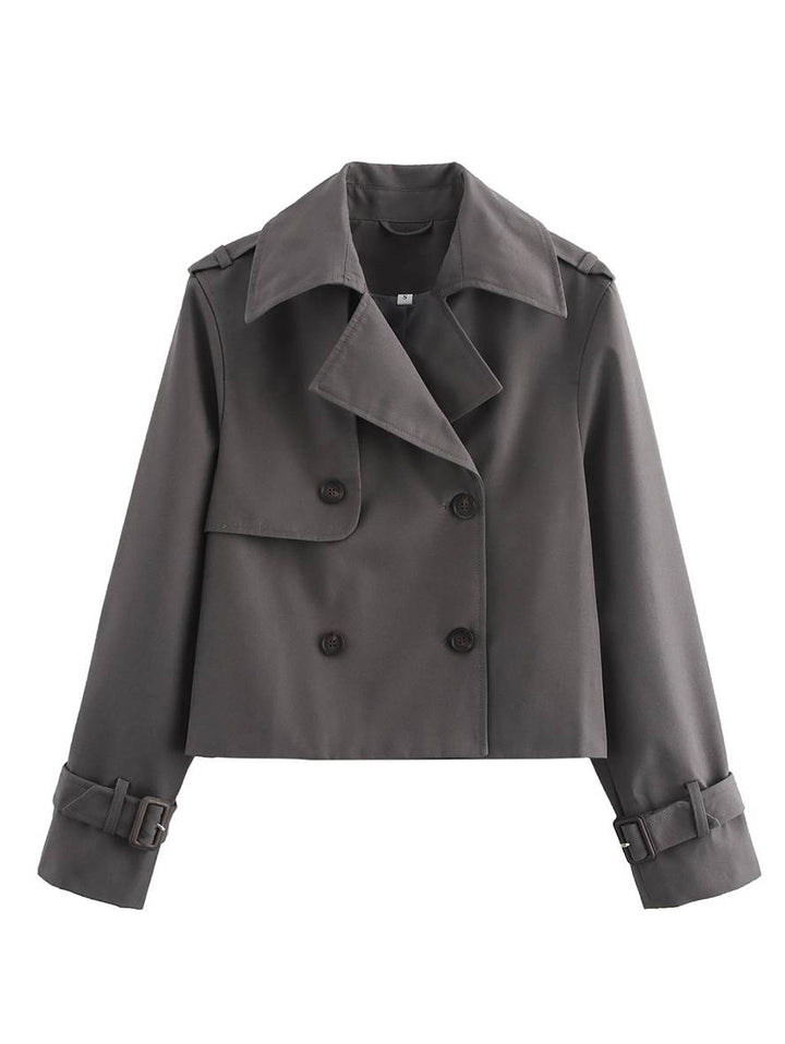 Levoire | Veste Caban Courte Unie À Double Boutonnage Poches Manches Longues Pour Femmes Élégant Décontracté Gris