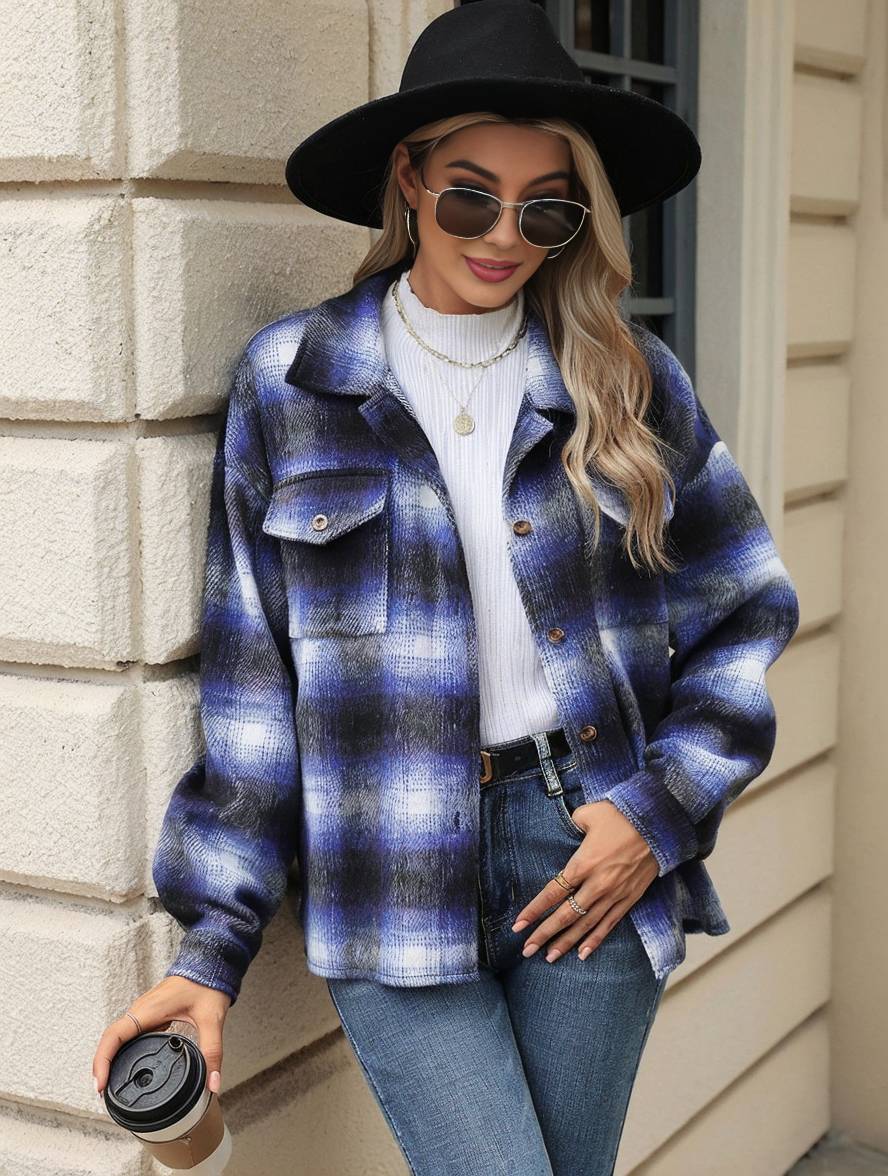 Levoire | Chemise Overshirt Dame Carre Boutons Poches Col À Revers Décontracté Veste Ample