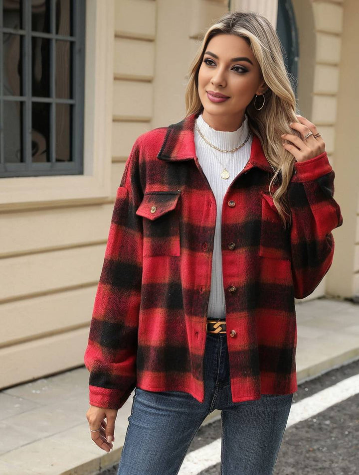 Levoire | Chemise Overshirt Dame Carre Boutons Poches Col À Revers Décontracté Veste Ample